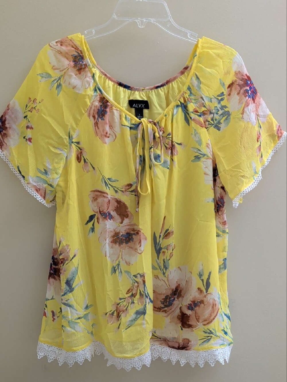 ALYX Yellow Floral Tie-Front Blouse | Lace Trim | Size L